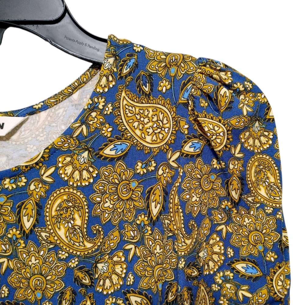 Boden Blue Mustard Yellow Paisley Belted Poof Sleeve Mini Dress Women's Size 4 - Picture 10 of 13